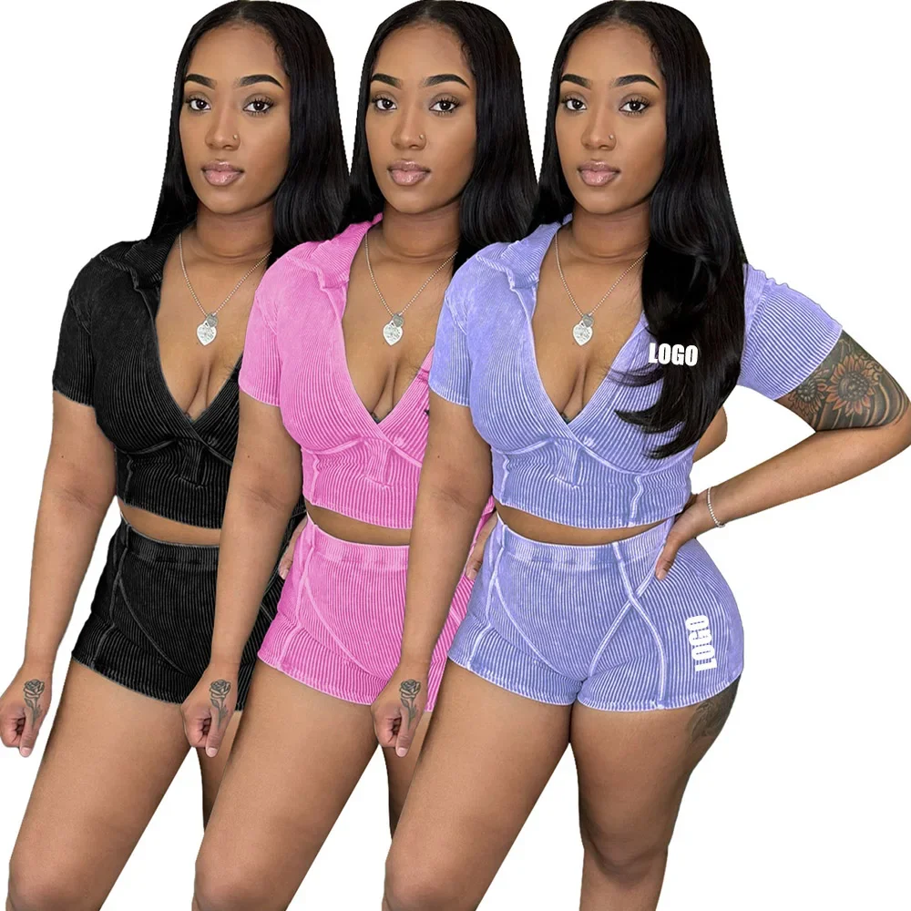 

Custom LOGO new women's clothing summer lapel deep V short-sleeved cotton thread washed and old shorts set high-quality