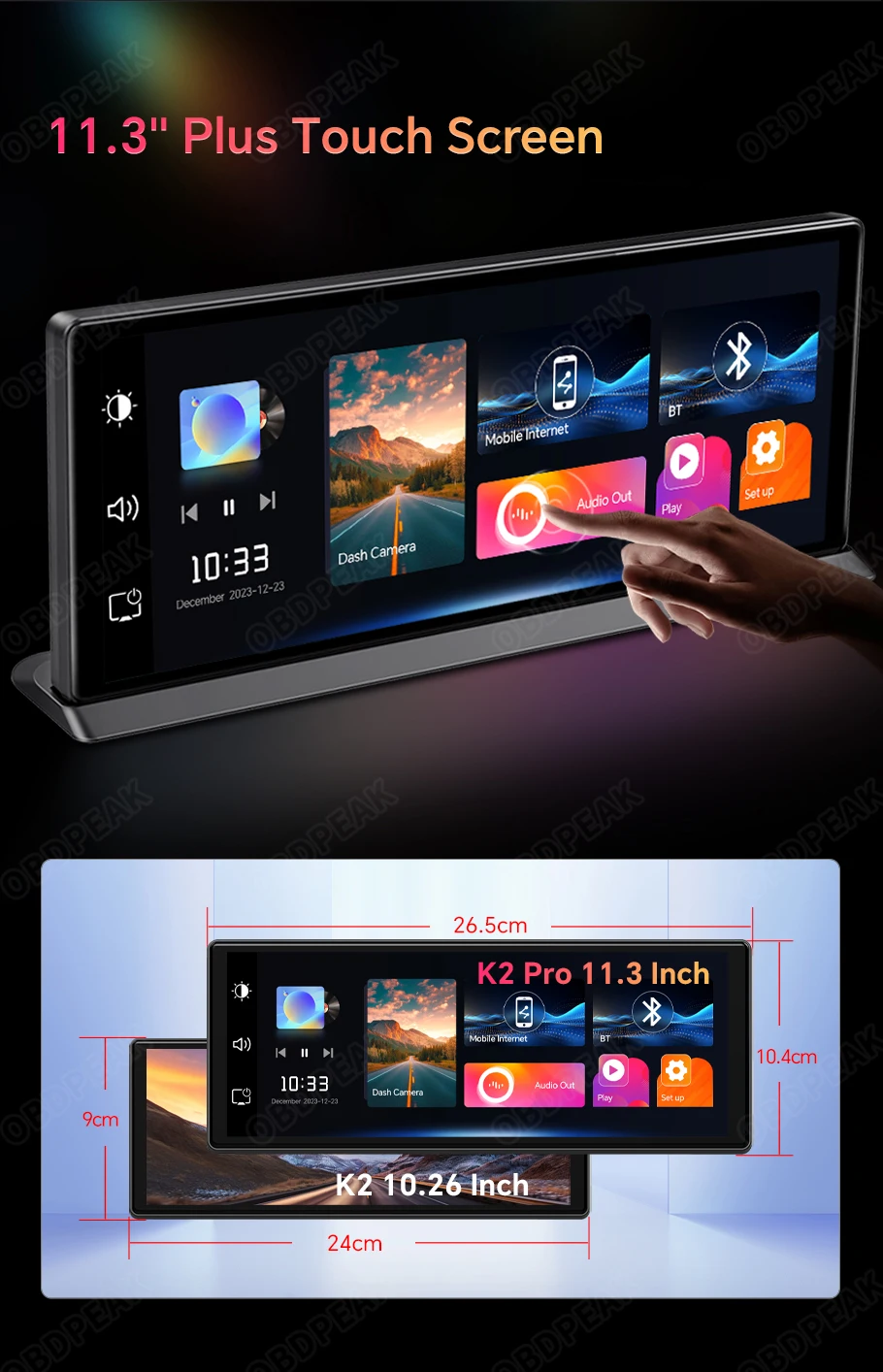 K2 Pro 11.3" Dash Cam 4K 2160P Car DVR Recording Carplay & Android Auto Wireless Connection 5G WiFi GPS Navigation Dashboard