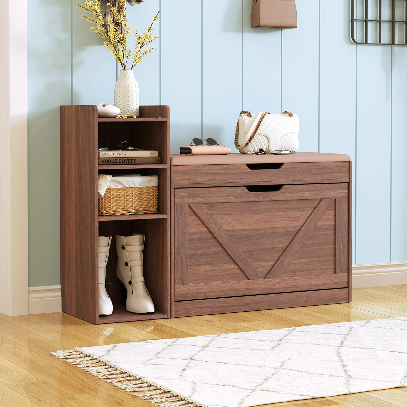 

43.2" Storage Bench + Storage Cabinet, Flip Drawers, Adjustable Shelf, Flip-up Cabinet & Padded Cushion - Space-Saving Shoe Cabinet, Organizer for Entryway, Hallway, Bedroom