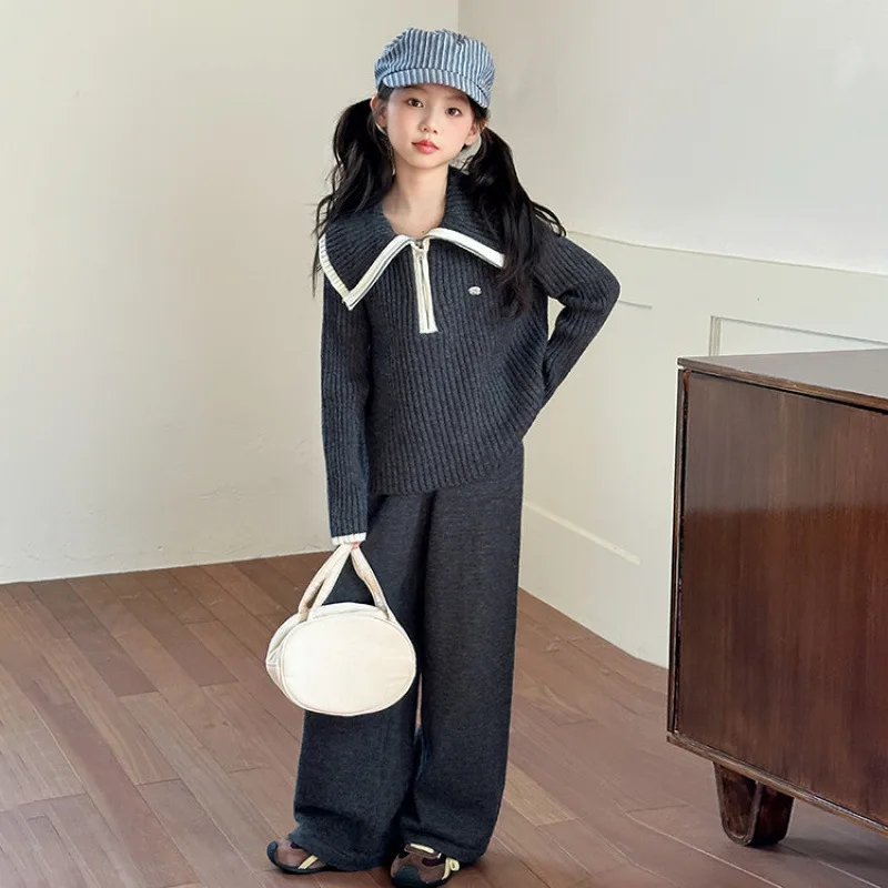 

Children Girls 2pcs Sets Autumn School Girls Lapel Half Zipper Knitted Sweater Teenager Girls Wide Leg Pant Kids Girls Outfit