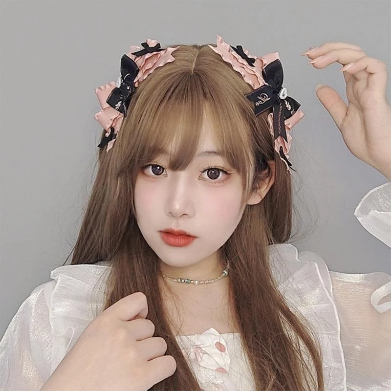 652F 2x Gothic Dark Hair Clip Girls Barrettes Bowknot Bowtie Pink+Black Hair Clip Set Gothic Bows Versatile Barrettes