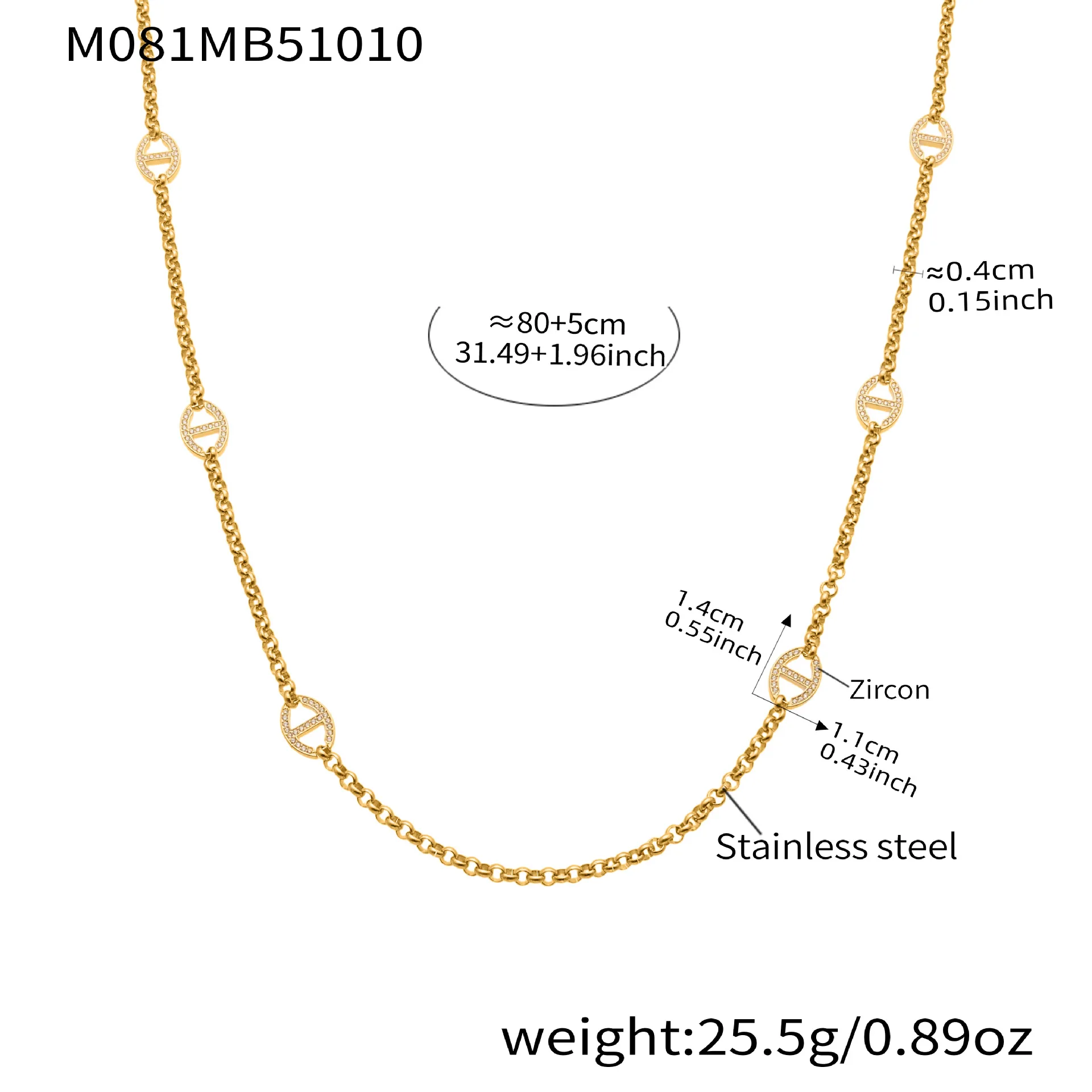 80 cm Edelstahl-Kettenhalskette für Damen, 18 Karat vergoldete Ketten, Halsketten mit eingelegtem Zirkon, Charms, Pulloverkette, lange Halskette – Detail 7