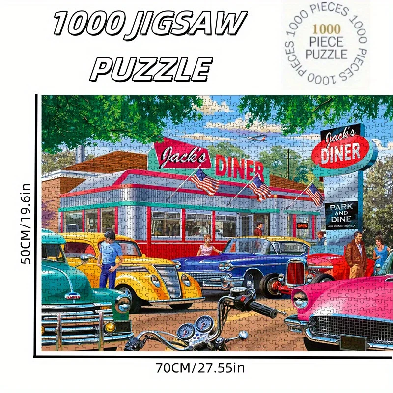 Puzzle dla dorosłych w stylu vintage: amerykański dżiner i klasyczne samochody, retro, gra intelektualna, zabawka dekoracyjna do domu.