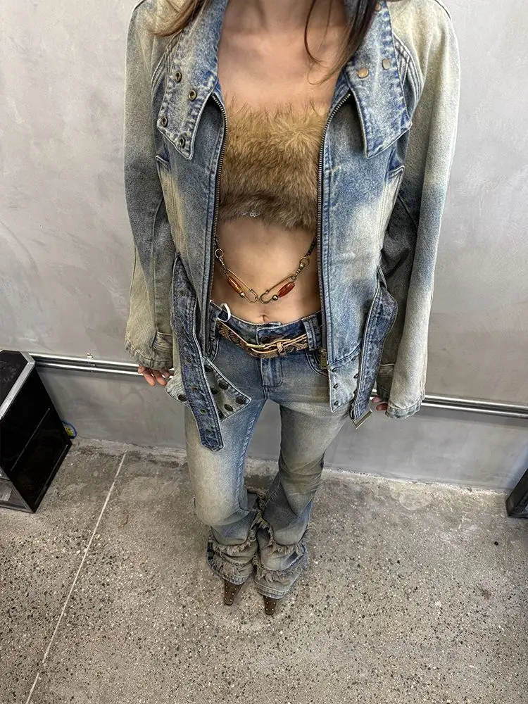 Amerikanischen Retro Waschen Gradienten Denim Jacke Frauen Herbst Winter Neue Heiße Mädchen Punk Stil Niet Gespleißt ​ ​ Lockeres Jackenoberteil