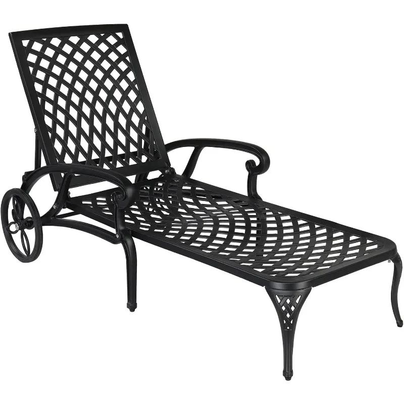 

Cast Aluminum Outdoor Chaise Lounge Chair with Wheels, Patio Chaise Lounge with 3-Position Adjustable Backrest, beach chair