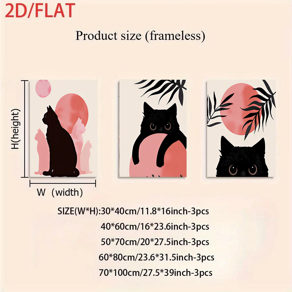 3PCS Frameless,1 set of modern minimalist three-panel frameless paintings, featuring a cute black cat, moon, and plant pattern;
