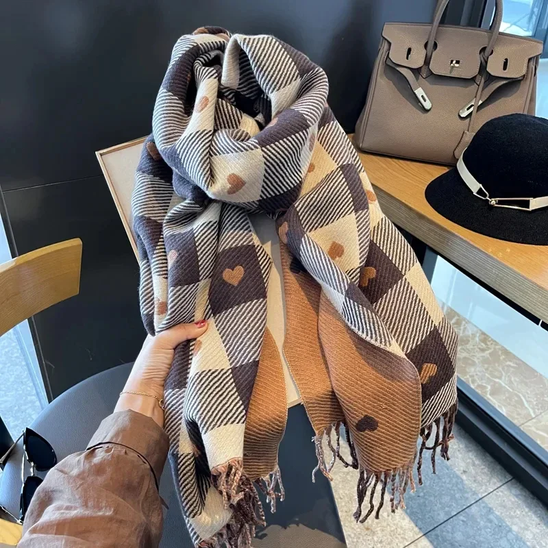 Cashmere Tassel Scarves Women Knitted Heart-pattern Plaid Lovey Girl Winter Scarf College Fashionable Leisure Shawl Wraps