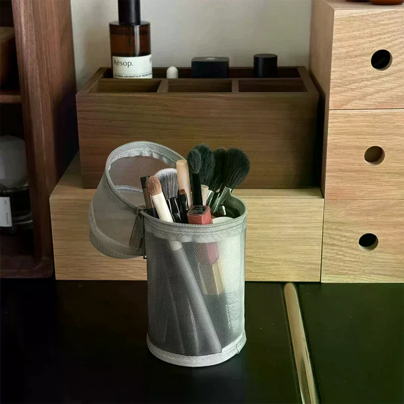 Mesh Dual-use Makeup Brush Storage Bag Portable Brush Case Simple Large Capacity Brush Bucket Holder Travel Stand-up Pouch