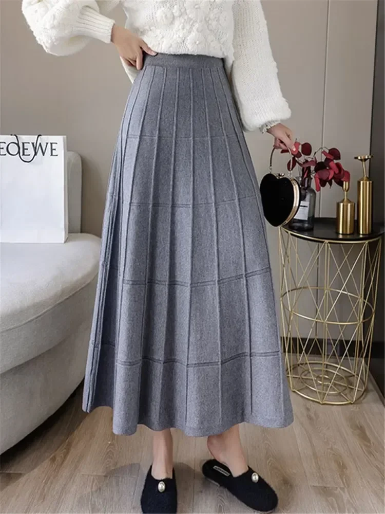 Winter Women\'s Skirts Elegant Knitted A-line Skirt Ladies Ankle-Length Pleated Casual Solid Long Skirts for Women Fashion 2024