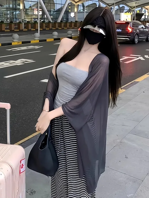 

Laceless Ruched Sleeveless Summer Cardigan Women's Thin Knitted Sun Protection Wrap with Sling Skirt Outer Shirt Korean Style