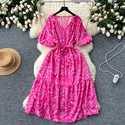 Summer Women Floral Printed Midi Dress Vintage V-Neck Short Sleeve High Waist A-Line Casual Vestidos Female 2023 New Fashion