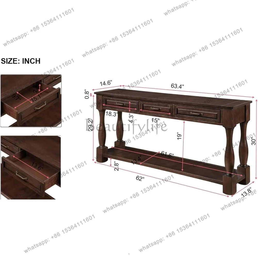 jj5 Long Antique Entry Console Table with 3 Drawers & Bottom Open Shelf, Solid Wood Sofa Table for Entryway Hallway
