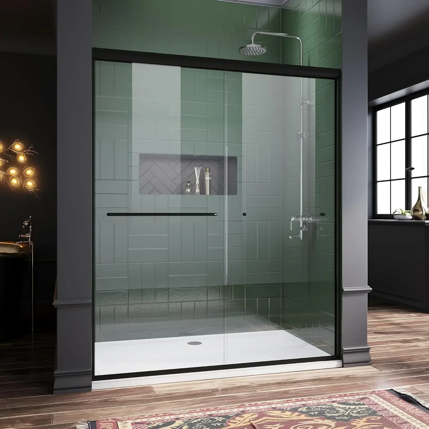 Frameless Sliding Shower Door,Bathroom Sliding Door with 1/4'' Clear Glass, Black Hardware Double Sliding Glass Shower Enclosure