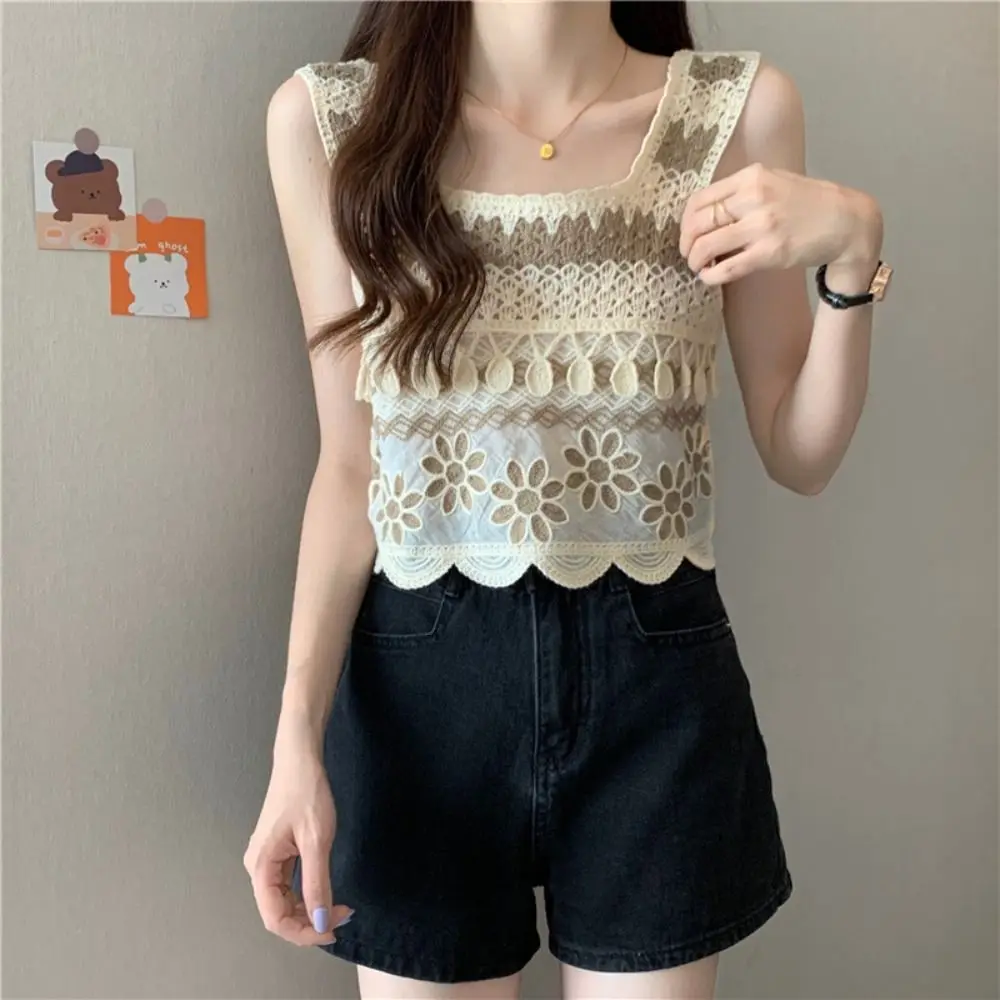 Modisches Retro Crop Top mit Stickereimuster, Gestricktes Ärmelloses Oberteil, Elegante Häkel-Camisole für Damen