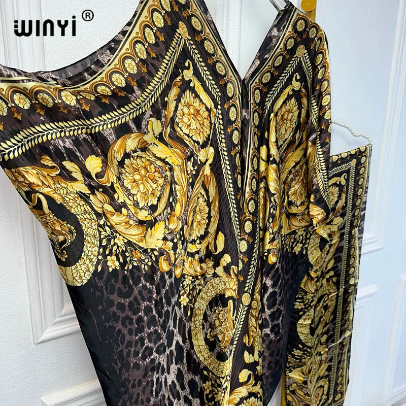 WINYI abaya dubaj luksusowy afrykański nadruk boho dekolt w serek z długim rękawem sukienka Kaftan, elegancka sukienka maxi, odzież damska