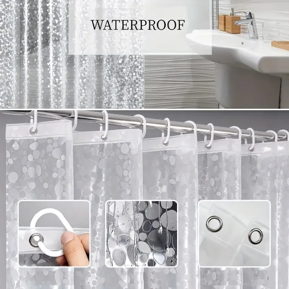 1pc PEVA 3D Clear Cobblestone Shower Curtain Liner with 3 Weighted Magnets And 12 Hooks, Window Curtain, Bathtub Partition