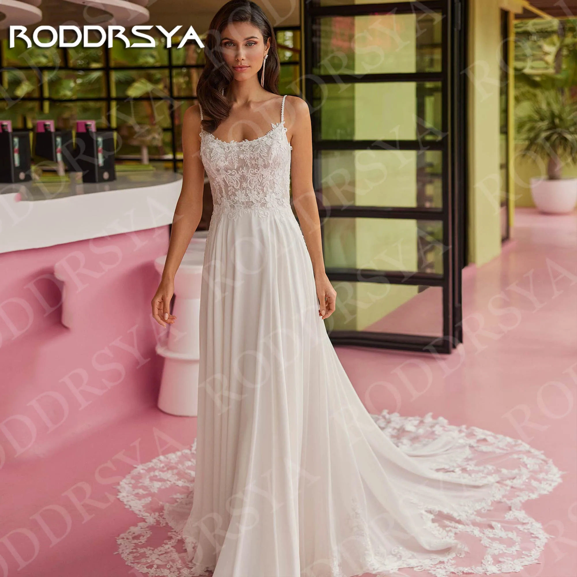 

RODDRSYA Spaghetti Strap Wedding Dress Boho A Line Lace Appliques Chiffon Bridal Dresses Sleeveless Customized vestido de novia