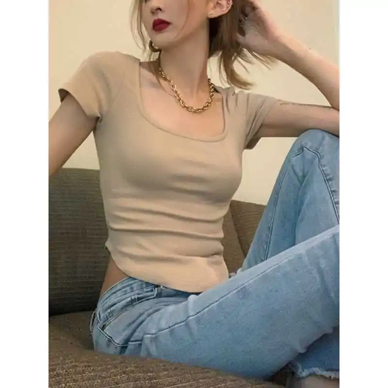 T-shirt Slim Fit Pure Color Or Sve Femme Summer Faion Cleanfit H Version Lin Matériel Ciwalk Sle Tee-quarte...