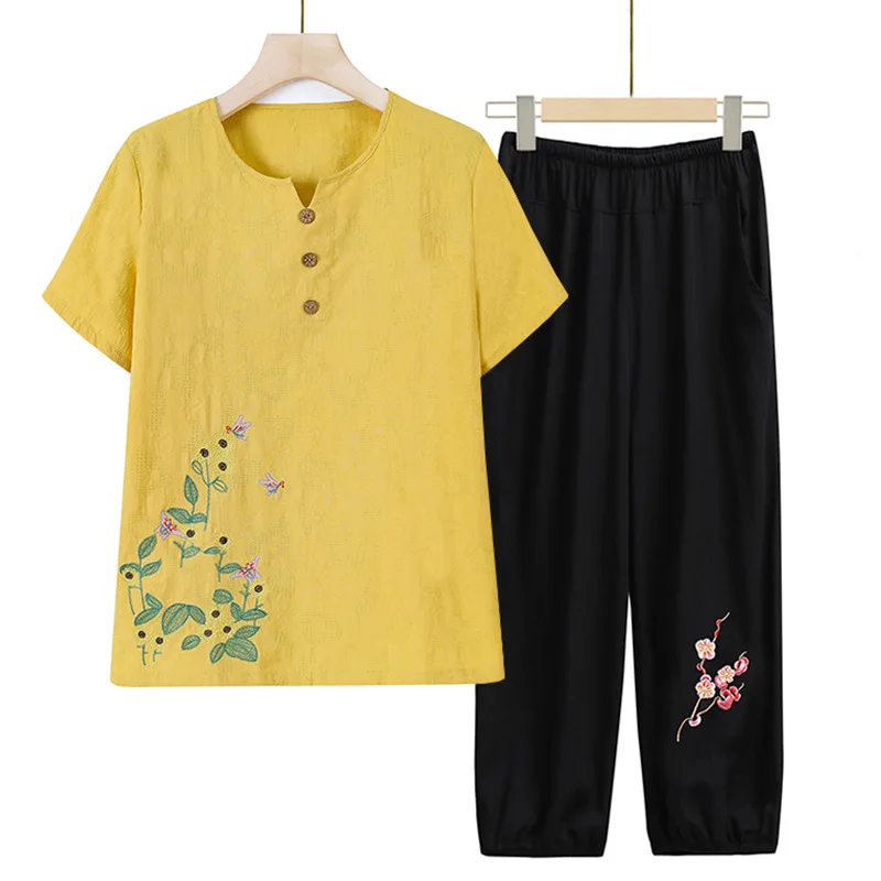 

Summer Pajama Sets Short Sleeve Suit Grandma Two-piece Cotton Linen Pijama Feminino Plus Size Homewear Casual pyjama pour femme