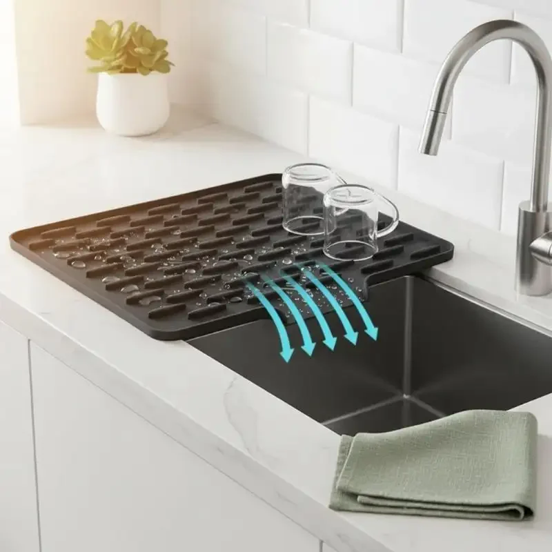 Silicone Kitchen Drain Mat with Built in Drainage Easy Clean for Countertops Sinks Refrigerators Home Accessory Tool