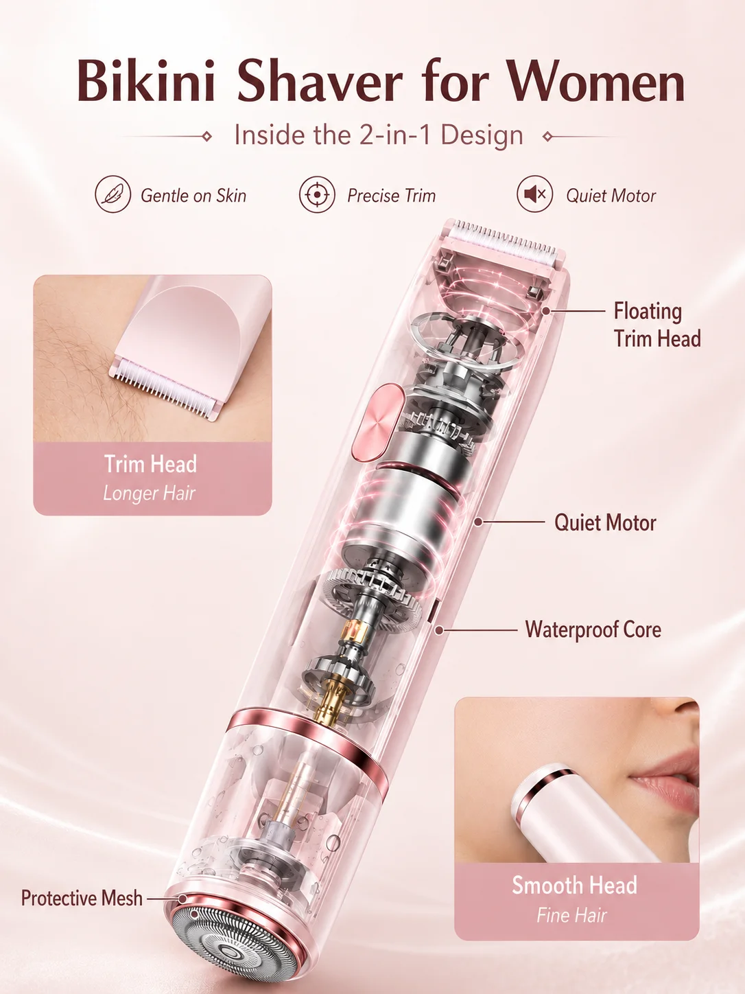 Bikini Shaver for Women Dual Head Electric Shaver Rechargeable Body Trimmer for Underarms Legs Face and Bikini Line