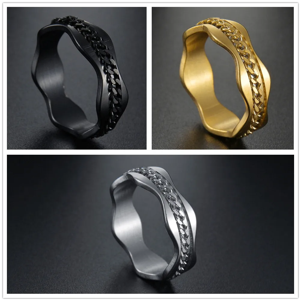 Punk Irregular Women Stainless Steel Spinner Chain Rings Gold Rotatable Spinner Ring Male Birthday Gift