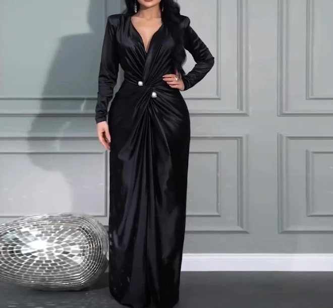 

Women's V-Neck Fashion Pleated Waist Cinched Evening Gown Temperament Commuting Female Long Sleeve Elegant A-Line Party Dresses