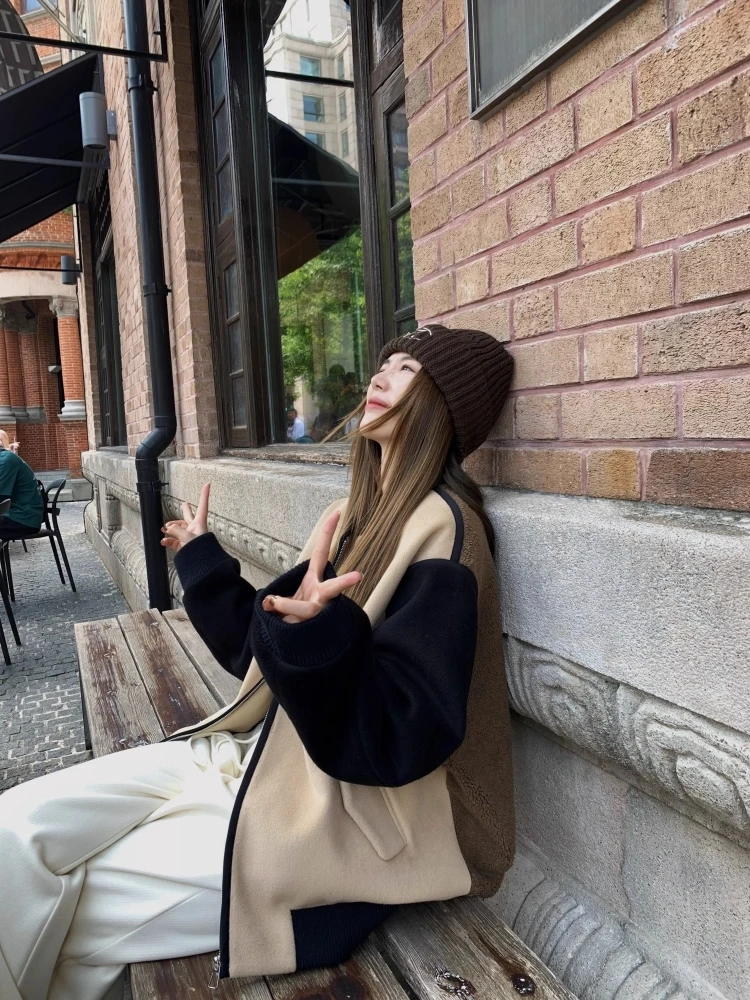 

American Style Oversized Baseball Jacket Women's Fashion Thickened Woolen Coat with Inner Layering Trendy Long Sleeve Zipper ...