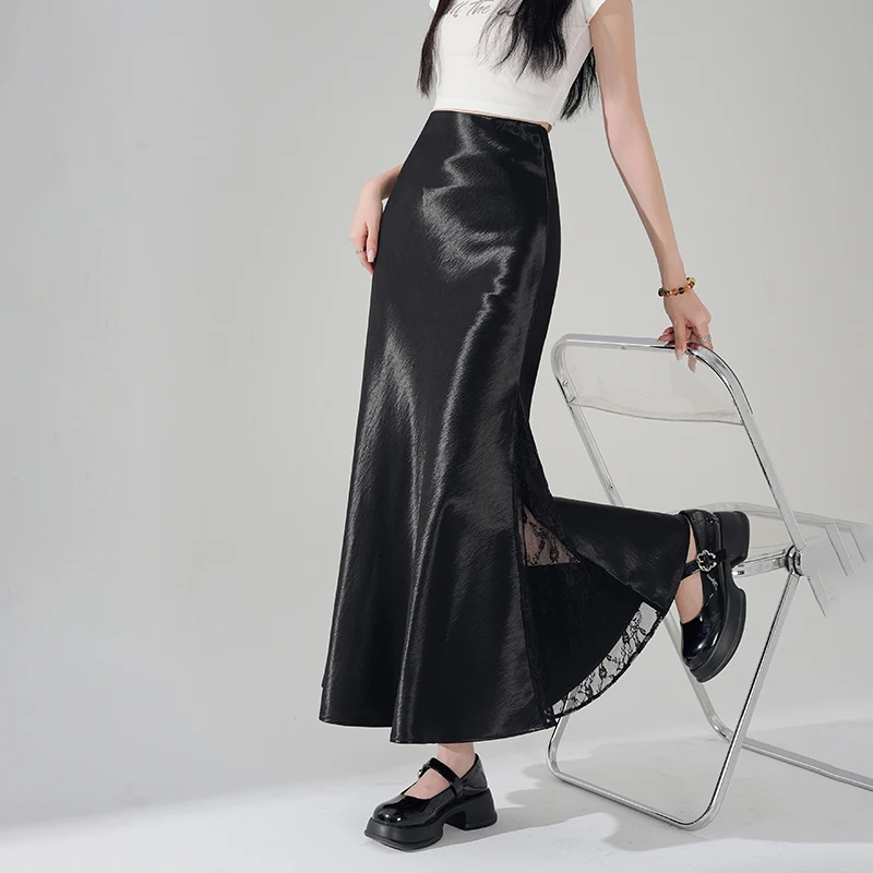 

Spring Summer High Waist Satin Maxi Skirt for Women Korean Fashion Patchwork Lace a Line Long Skirt Elegant Casual Long Skirts