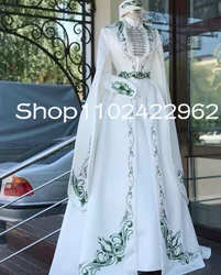 Caftan Muslim Afghan National Prom Dresses with Emerald Green Embroidery Long Sleeve Cape Algerian Caucasian Evening Gown