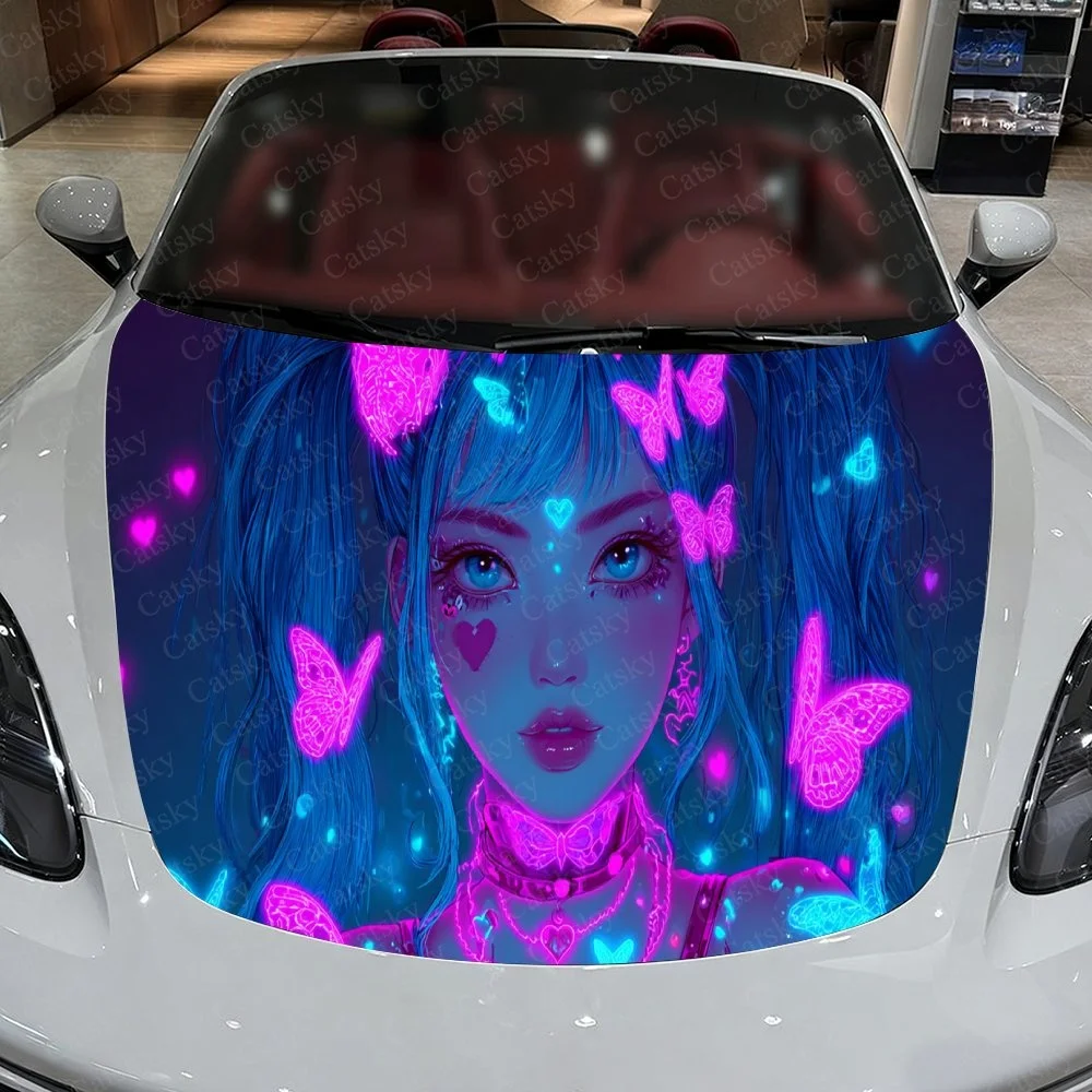 

Cyberpunk Girl & Neon Butterflies Car Hood Sticker,Waterproof Self-Adhesive Vinyl Graphics Decal,Decor Auto Accessories Stickers
