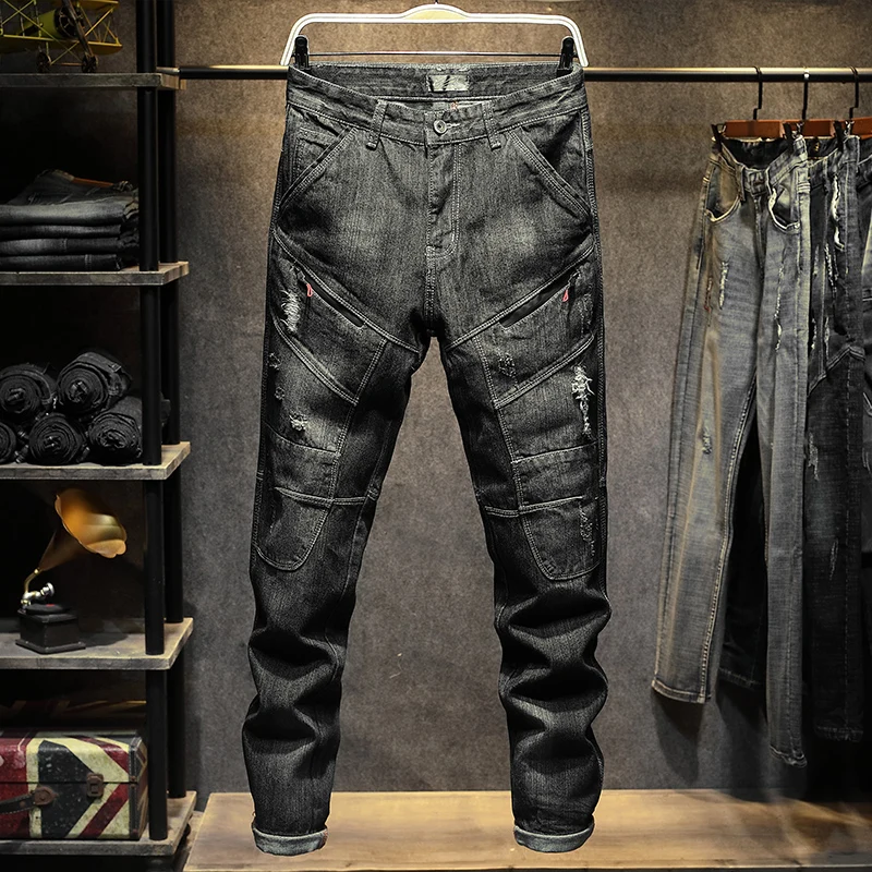 

Men's Straight Leg Jeans High Street Hole Design Multiple kets Workwear Cotton Denim mid Waist Zipper Autumn Faion Brand