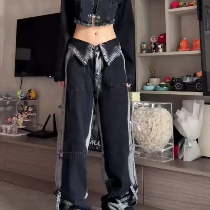 

Black Tie Dye Wide Leg Jeans Women New High Street Straight Long Pants