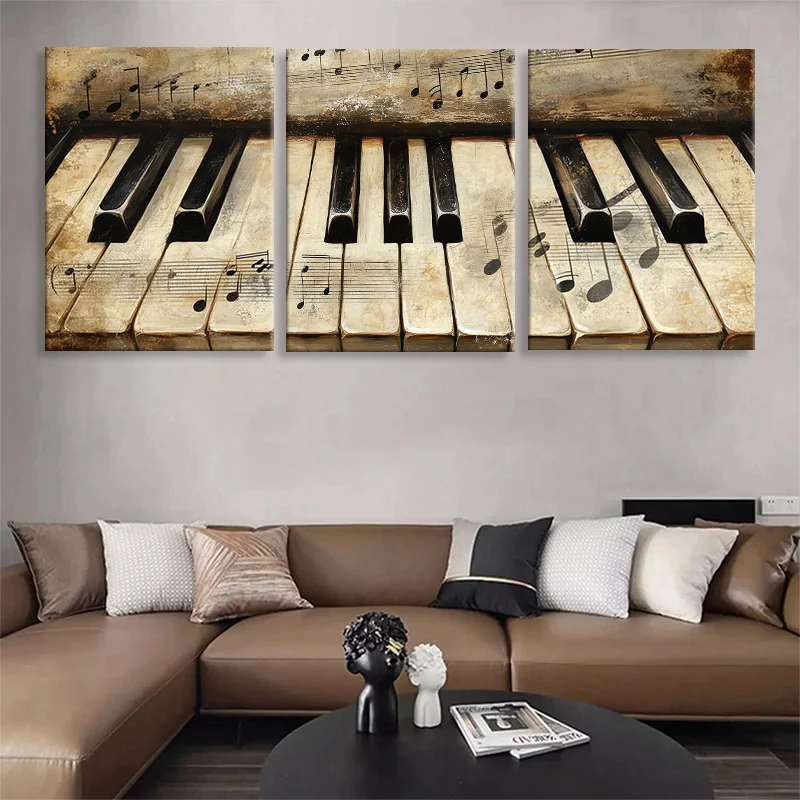 （Noframe 3PCS）-3pcs Frameless Vintage Piano Key Canvas Wall Art, Music Notes and Classic Keys Triptych, Rustic and Elegant Mu