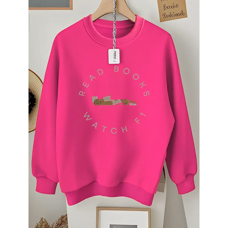 Women'S Lettered Round-Neck Fuchsia Sweatshirt, Long-Sleeved, Loose-Fitting for Autumn And Winter, Lined for Warmth
