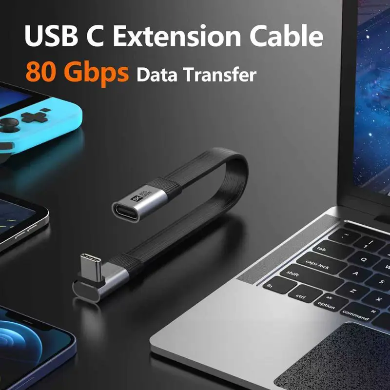 8K Flat Full Function USB-C Male to Female Elbow Extension Cable 80Gbps High-Speed USB4 Thunderbolt 4/3 PD240W Fast Charging