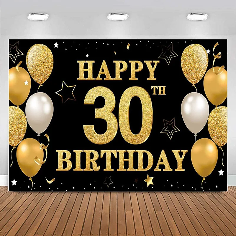 Happy 30th Birthday Banner Backdrop Decorations for Men Women Black Gold Banner Sign Party Supplies Photography Background