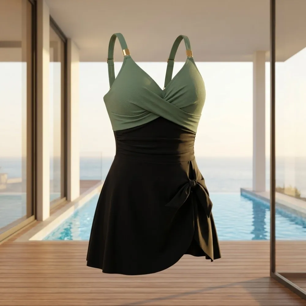 Sweet Slim Fit Women's Swimming Suit Sleeveless V-Neck Skirt Swimsuit Pleated Beachwear Clothing Summer Swimwear Vacation