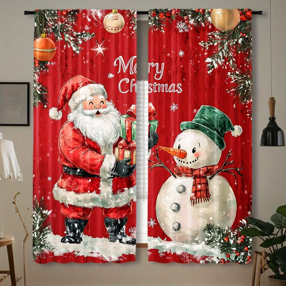 2 pieces, Christmas curtains, Christmas tree snowman snowball, suitable for bedroom, dining room, living room, home curtains
