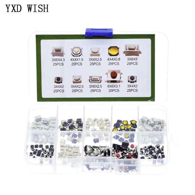 250Pcs Micro Switch Push Button Tact Switches Reset Mini Leaf Switch 2*4 3*6 4*4 6*6 SMD Tactile Tact Push Button Switch Diy Kit