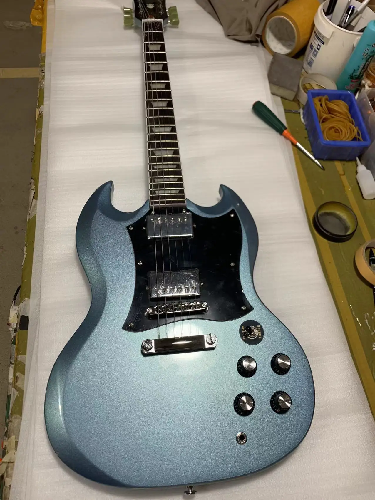 SG Electric Guitar Cream Blue Color Golden Hardware Mahogany Body 6 Strings Handcrafted Guita