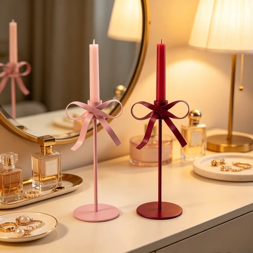 Romantic Bow Shape Iron Candlestick Holder Matte Red Pink Black Metal Candle Stand for Dining Table Bedroom Holiday Decoration