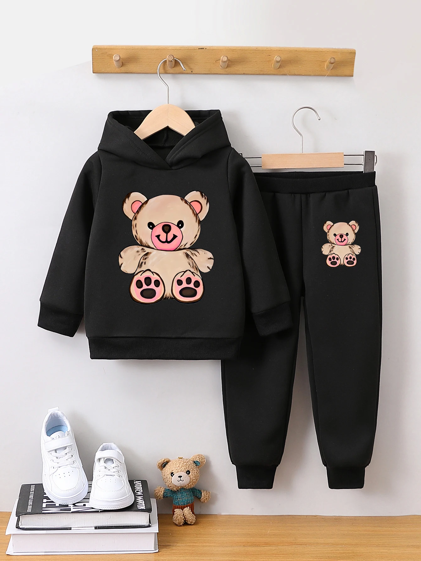 2-piece girls baby fashion cartoon bear print autumn and winter hooded秋冬 sweatshirt pants two-piece set kidsren