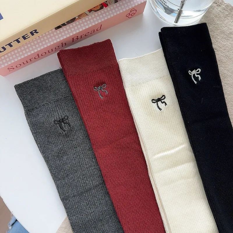 Ancla Red Long Bowknot Knitted Stockings Women Solid Color Elastic Socks Sweet Bowknot Embroidery Girls Vertical Knee-high Socks