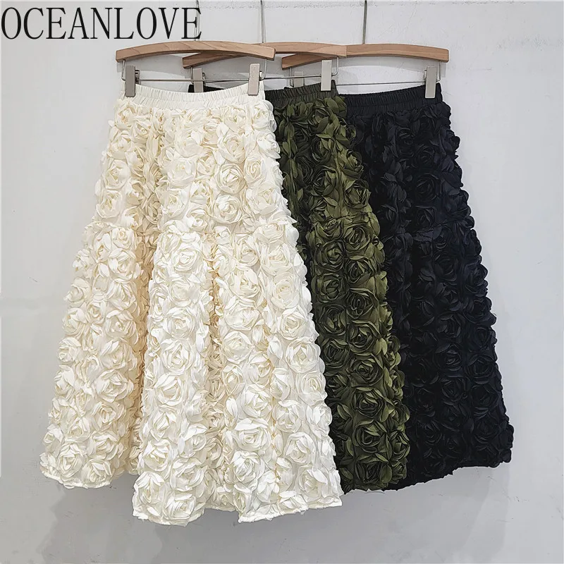 

OCEANLOVE 3D Flower Long Skirts Autumn Winter A-line Vintage Faldas Mujer Korean Fashion Elegant Hyperbole Women Skirt