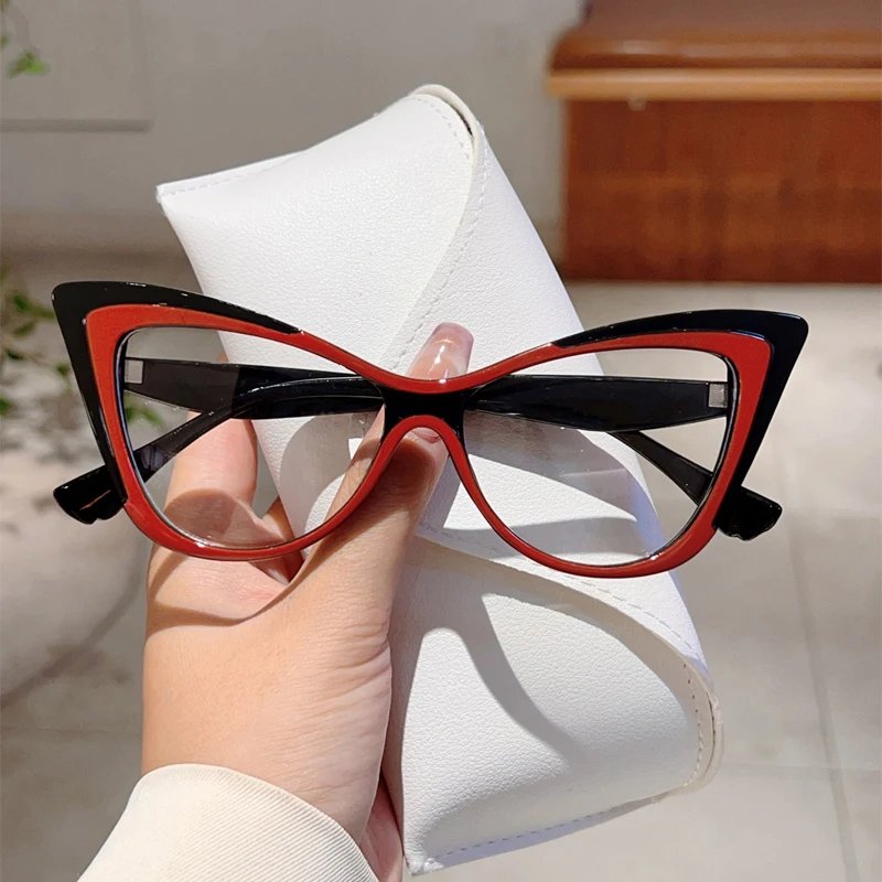 KAMMPT Übergroße Cat-Eye-Brille für Damen, neue Mode, Vintage-Patchwork-Trends, Rahmen, trendige, schicke, blaues Licht blockierende Brillen