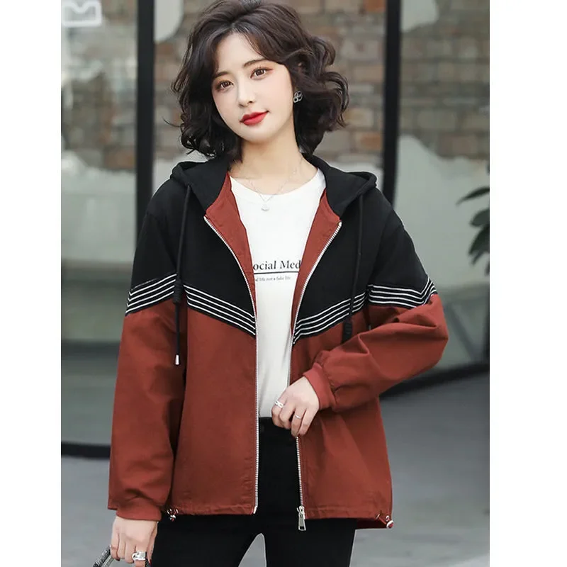Women's Loose Fit Hooded Zippered Jacket With Striped Panels And Pockets Streetwear Style For Spring Autumn Casual Wear
