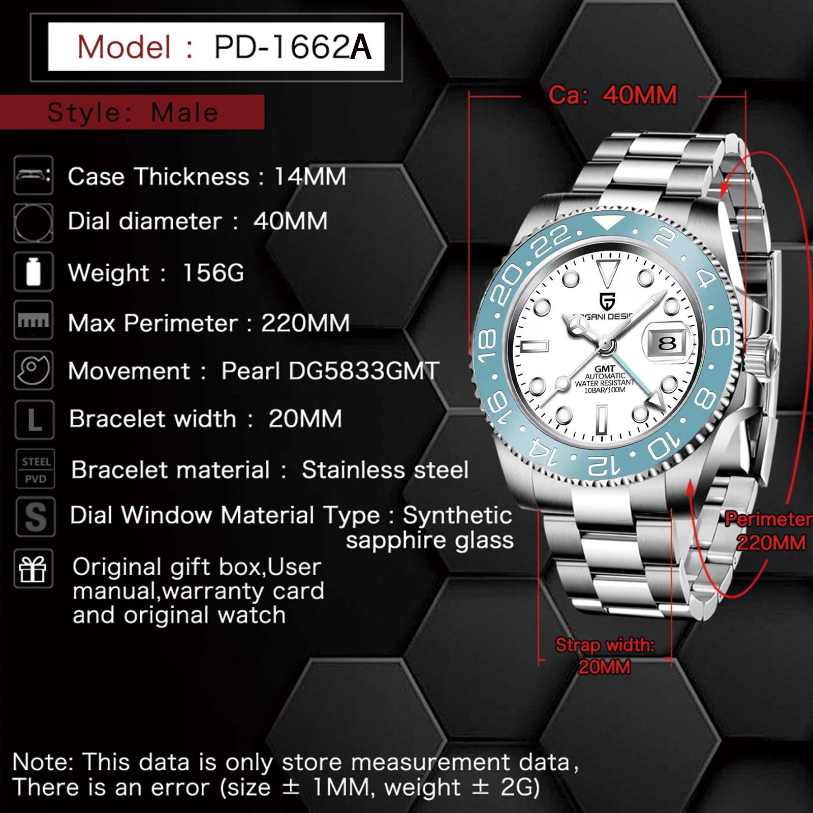 PAGANI DESIGN PD-1662A Luxury GMT Men Mechanical Wristwatch Sapphire Glass Stainless Steel 100M Waterproof Automatic Watches