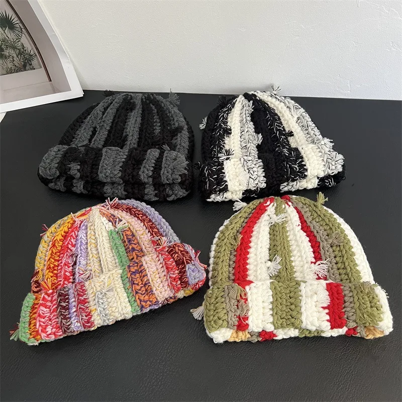 Handmade Heavy Industry Multi-strand Twist Mixed Color Wool Beanie Cap Dopamine Color Hat Winter Thermal Pullover Hat for Women