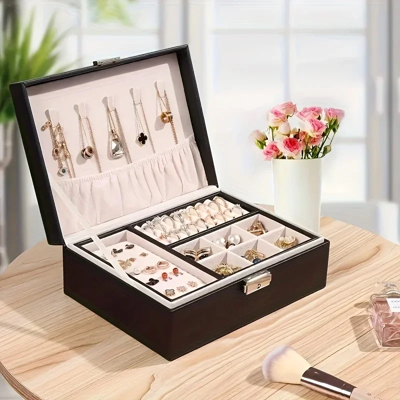 A Simple Double-Layer Jewelry Storage Box For Jewelry Cabinets, Used To Store Rings And Necklaces With Locks
